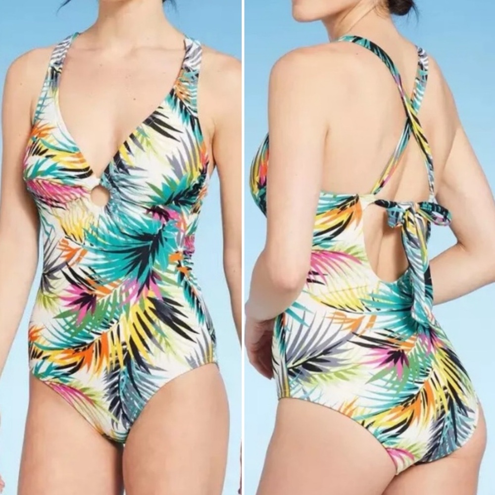 Shade & Shore Plunge Ring Detail One Piece Swimsuit Multi Tropical Small NWT